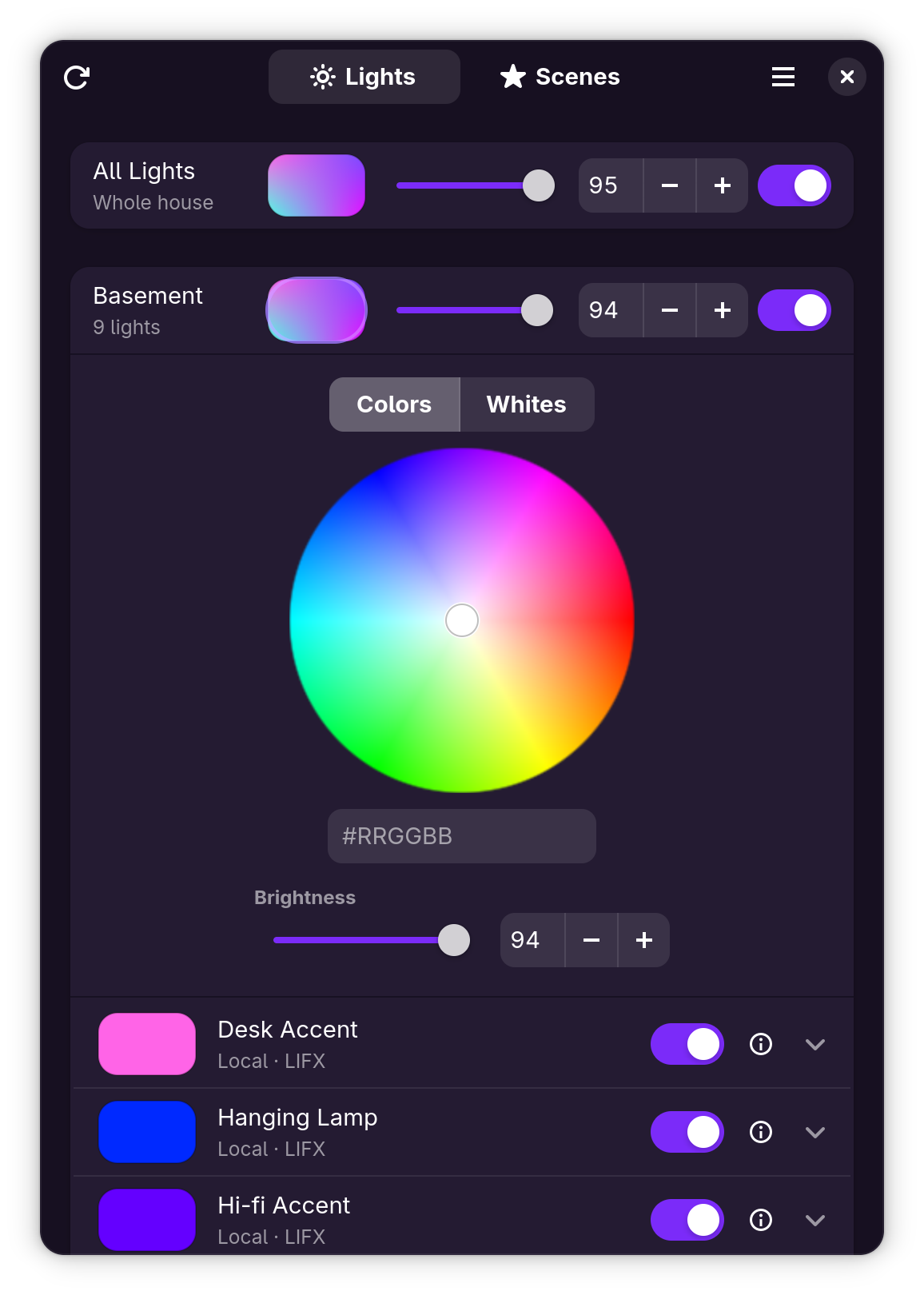 The Basement room's inline color panel slid open, with the Colors/Whites toggle, hue wheel, hex entry, and brightness slider