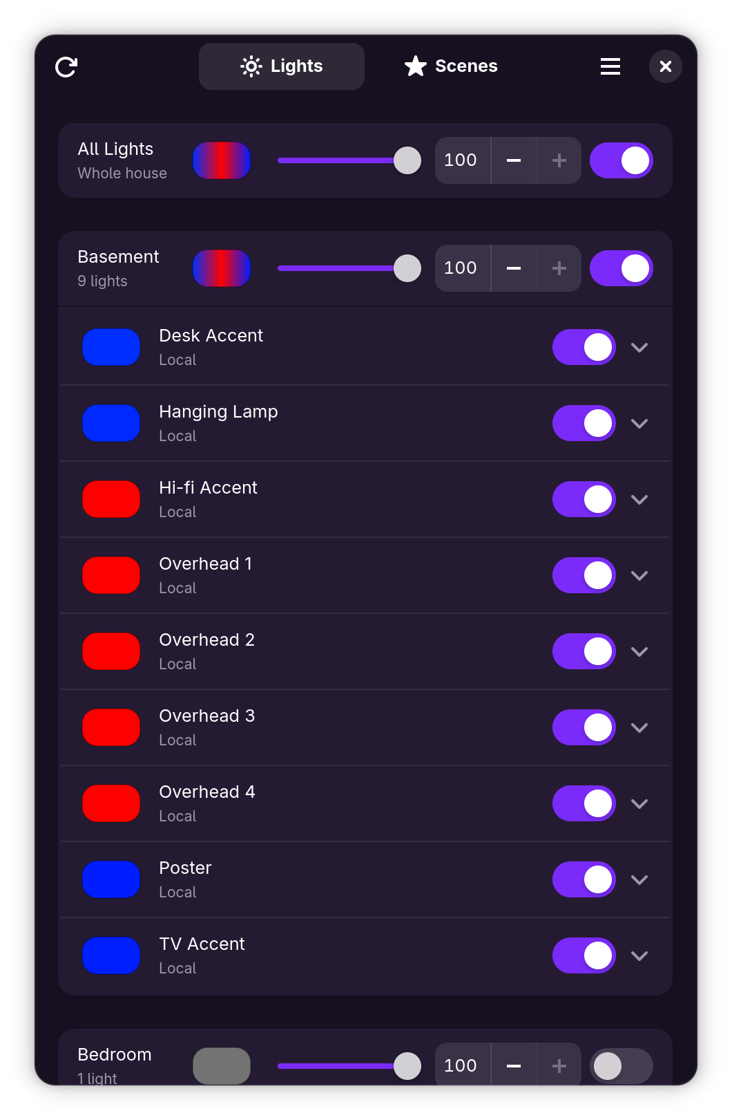 Luxel showing an All Lights master row and a Basement room of nine bulbs, each with color swatches, brightness, and power switches